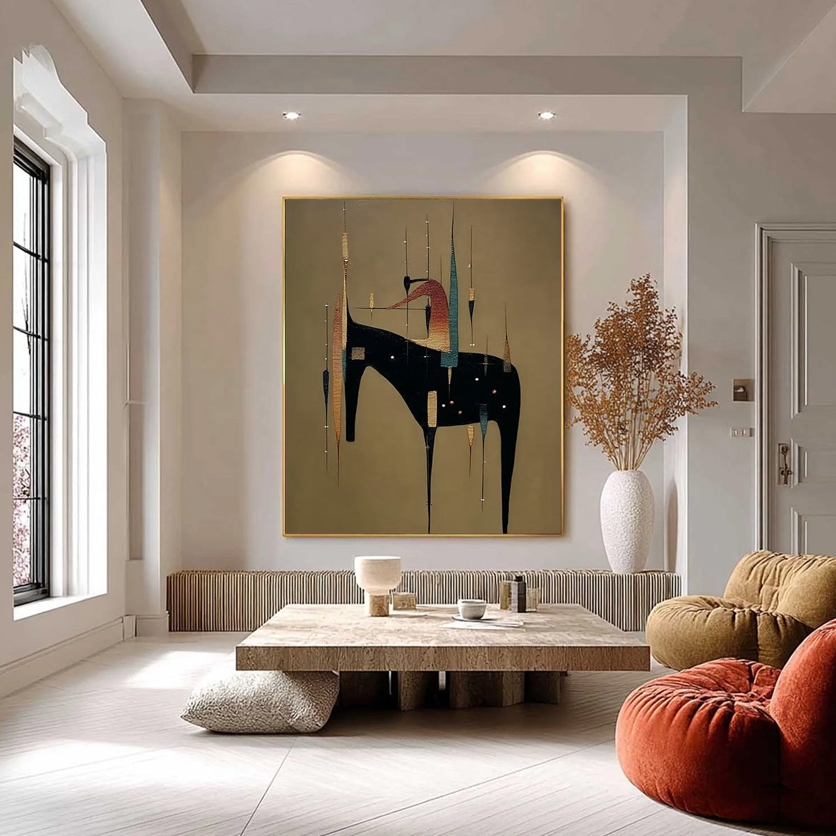 URBAN SENTINEL: Vertical Minimalist Abstract Painting with Textured Cityscape Elements - Image 2