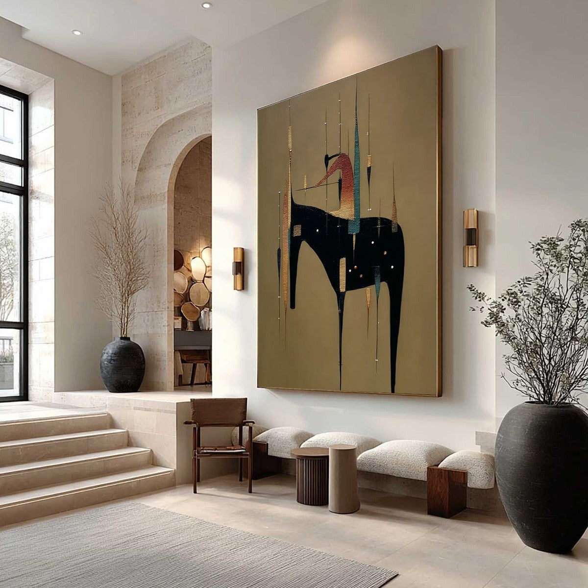 URBAN SENTINEL: Vertical Minimalist Abstract Painting with Textured Cityscape Elements - Image 7