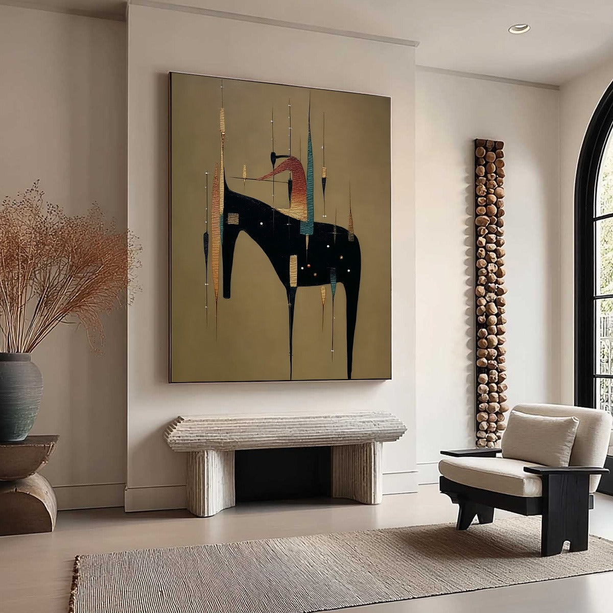 URBAN SENTINEL: Vertical Minimalist Abstract Painting with Textured Cityscape Elements - Image 8