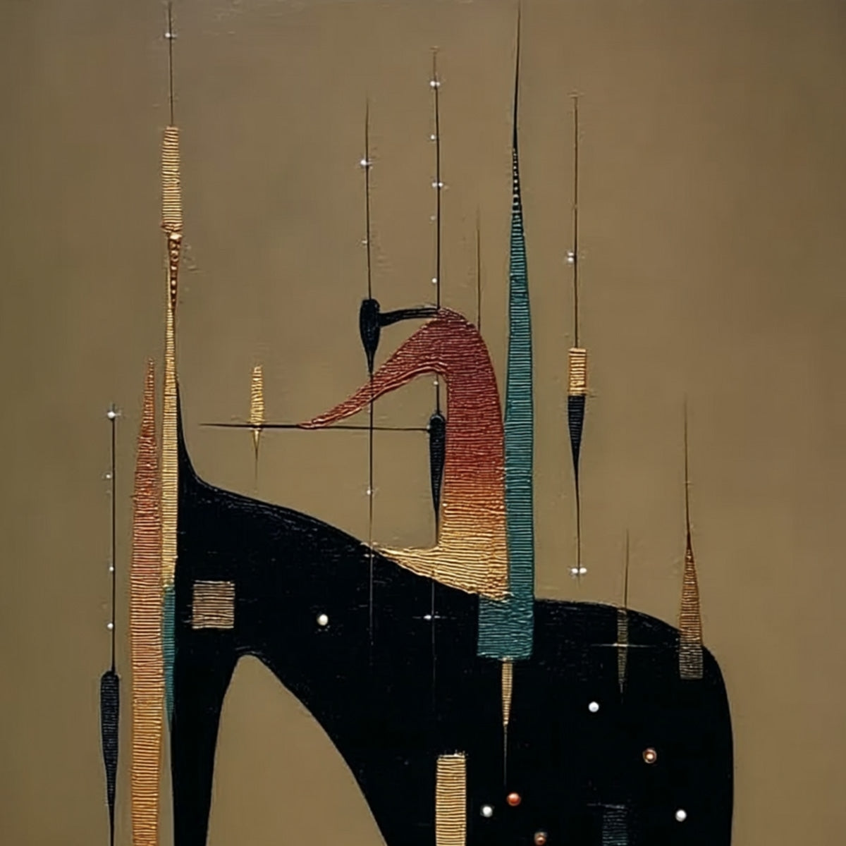 URBAN SENTINEL: Vertical Minimalist Abstract Painting with Textured Cityscape Elements - Image 3
