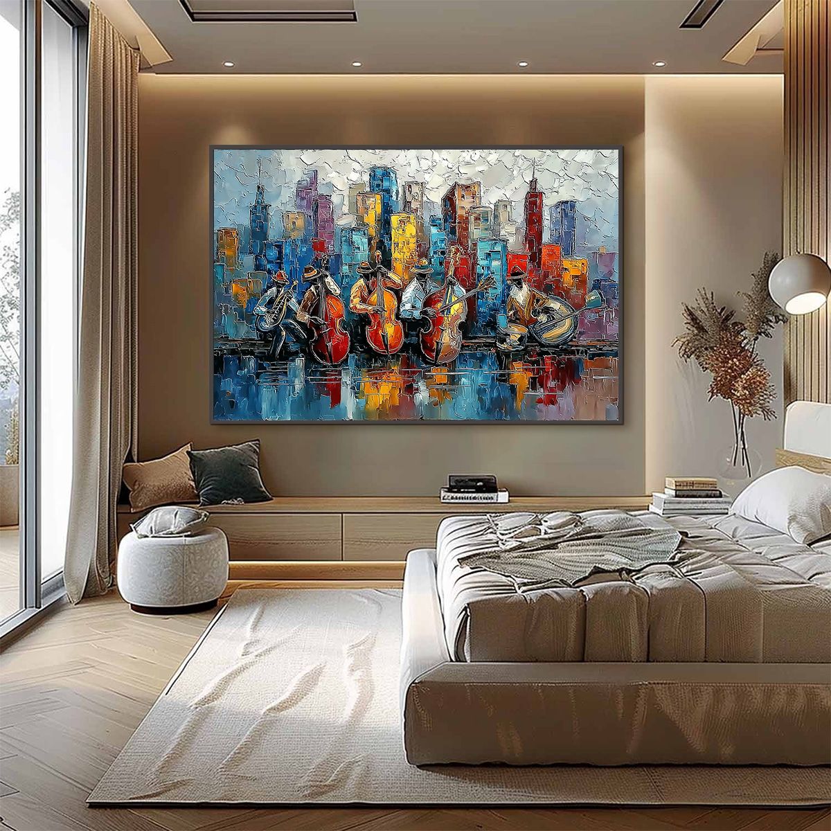 URBAN SERENADE: Textured Palette Knife Painting of Jazz Musicians and Cityscape - Image 4
