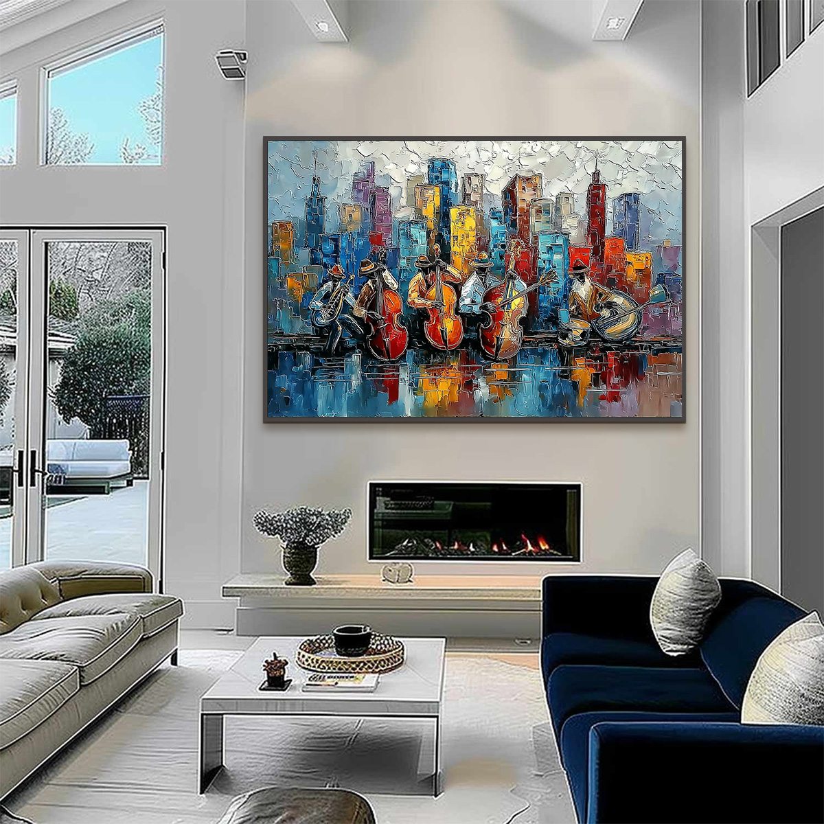 URBAN SERENADE: Textured Palette Knife Painting of Jazz Musicians and Cityscape - Image 6