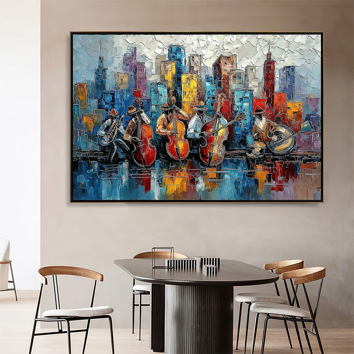 URBAN SERENADE: Textured Palette Knife Painting of Jazz Musicians and Cityscape - Image 2