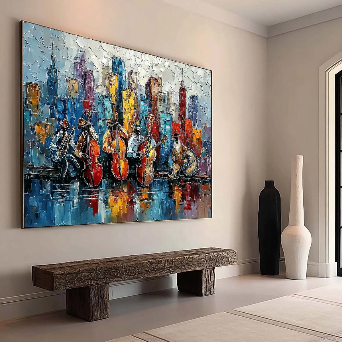 URBAN SERENADE: Textured Palette Knife Painting of Jazz Musicians and Cityscape - Image 7