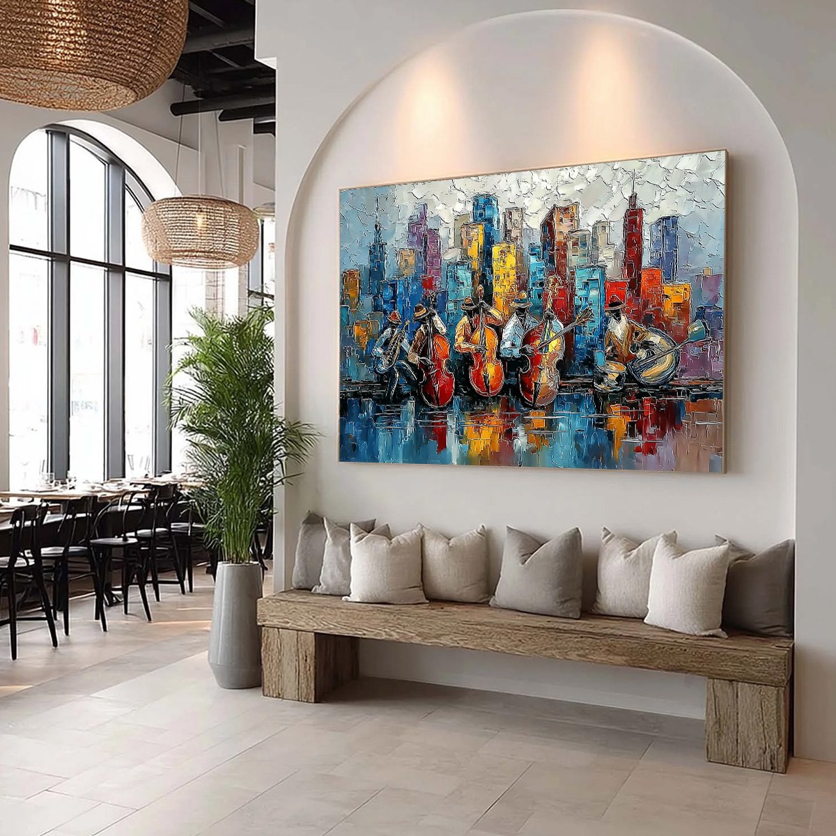 URBAN SERENADE: Textured Palette Knife Painting of Jazz Musicians and Cityscape - Image 8