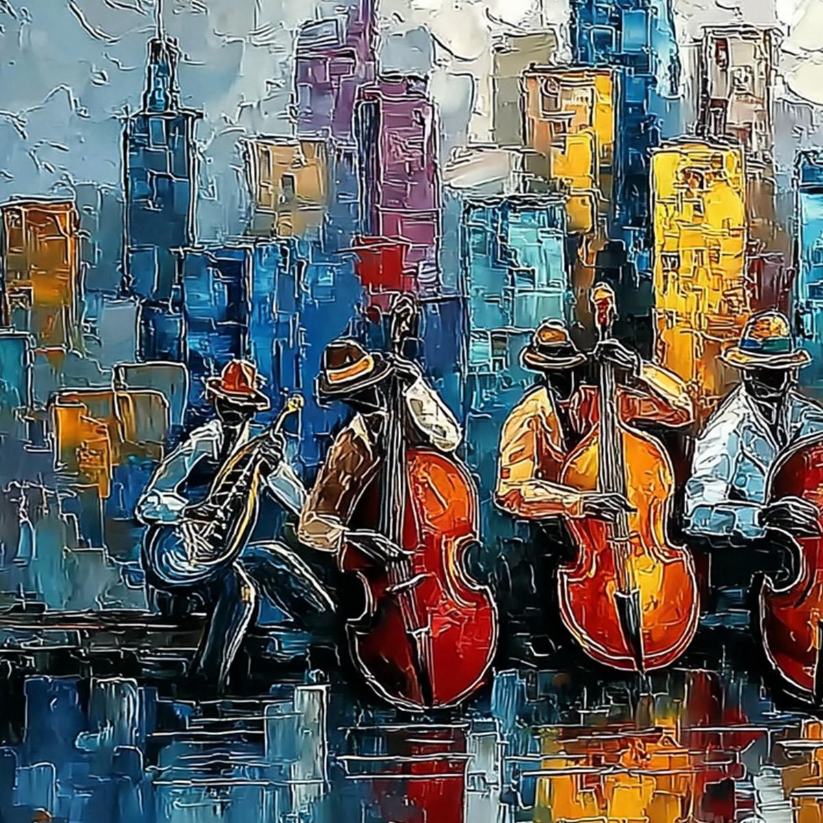 URBAN SERENADE: Textured Palette Knife Painting of Jazz Musicians and Cityscape - Image 3