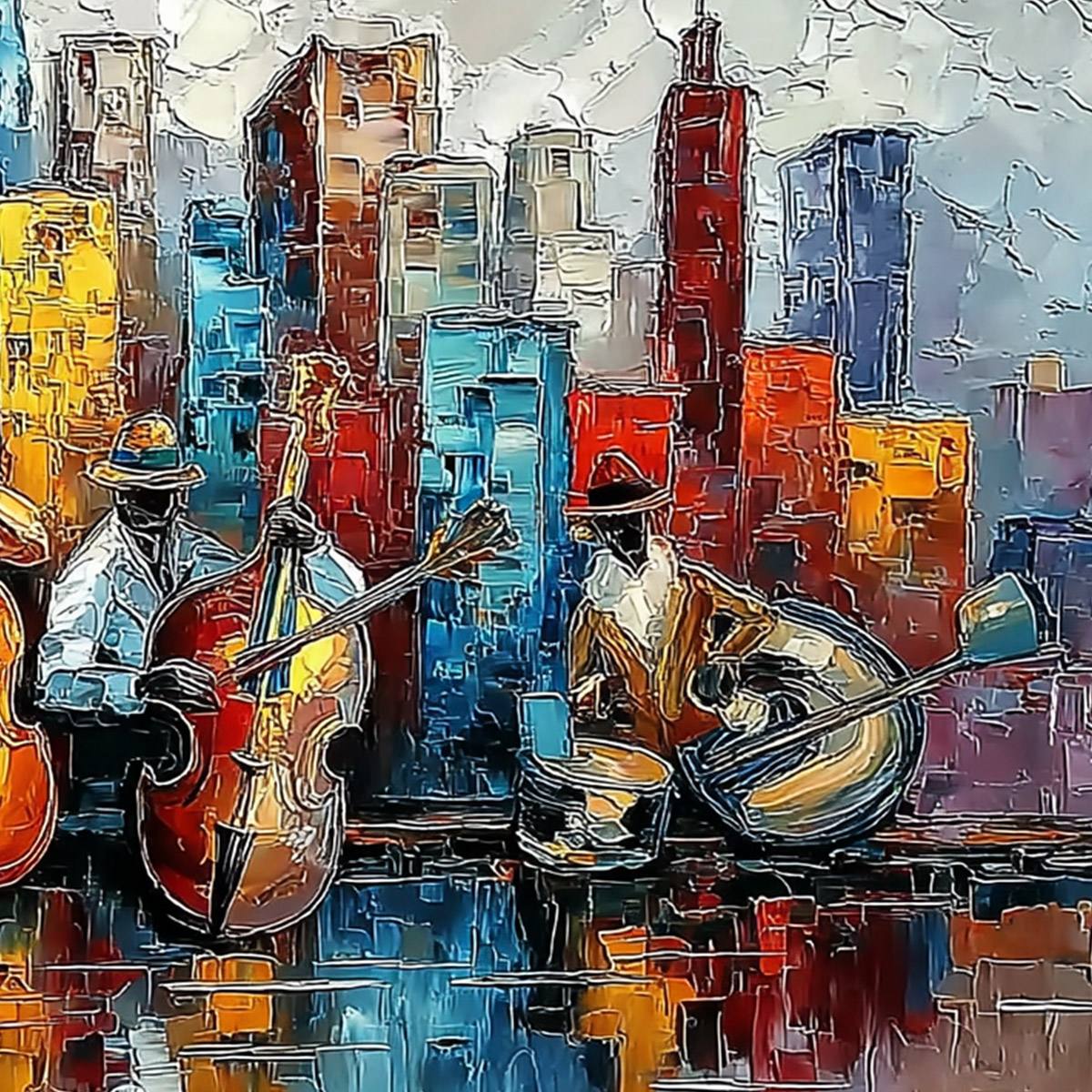 URBAN SERENADE: Textured Palette Knife Painting of Jazz Musicians and Cityscape - Image 5