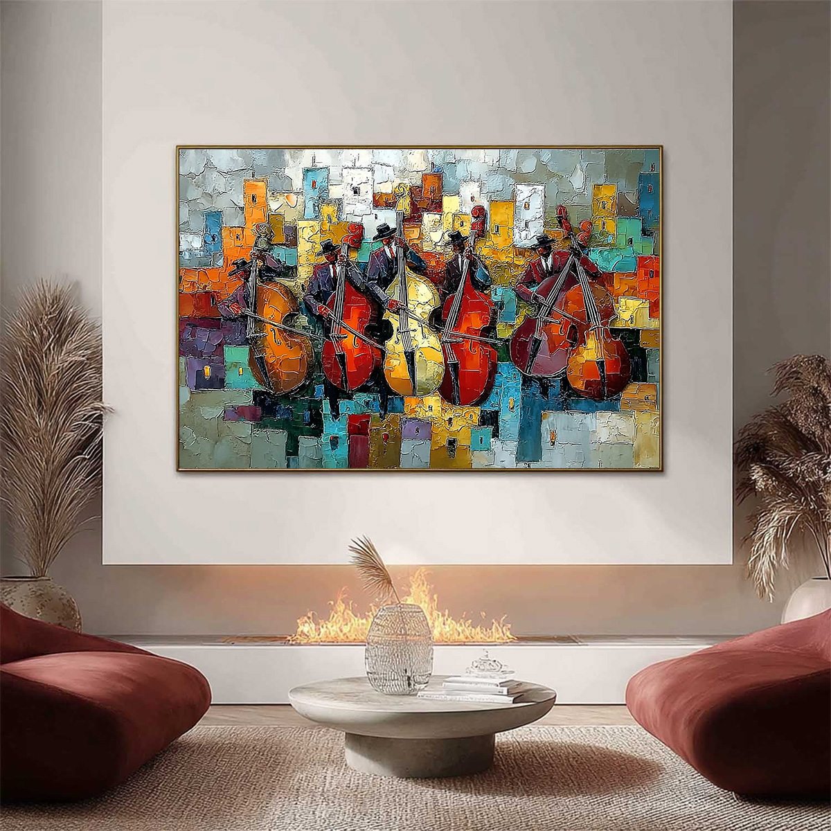 URBAN SERENADE: Vibrant Palette Knife Painting of Musicians in Cityscape - Image 2