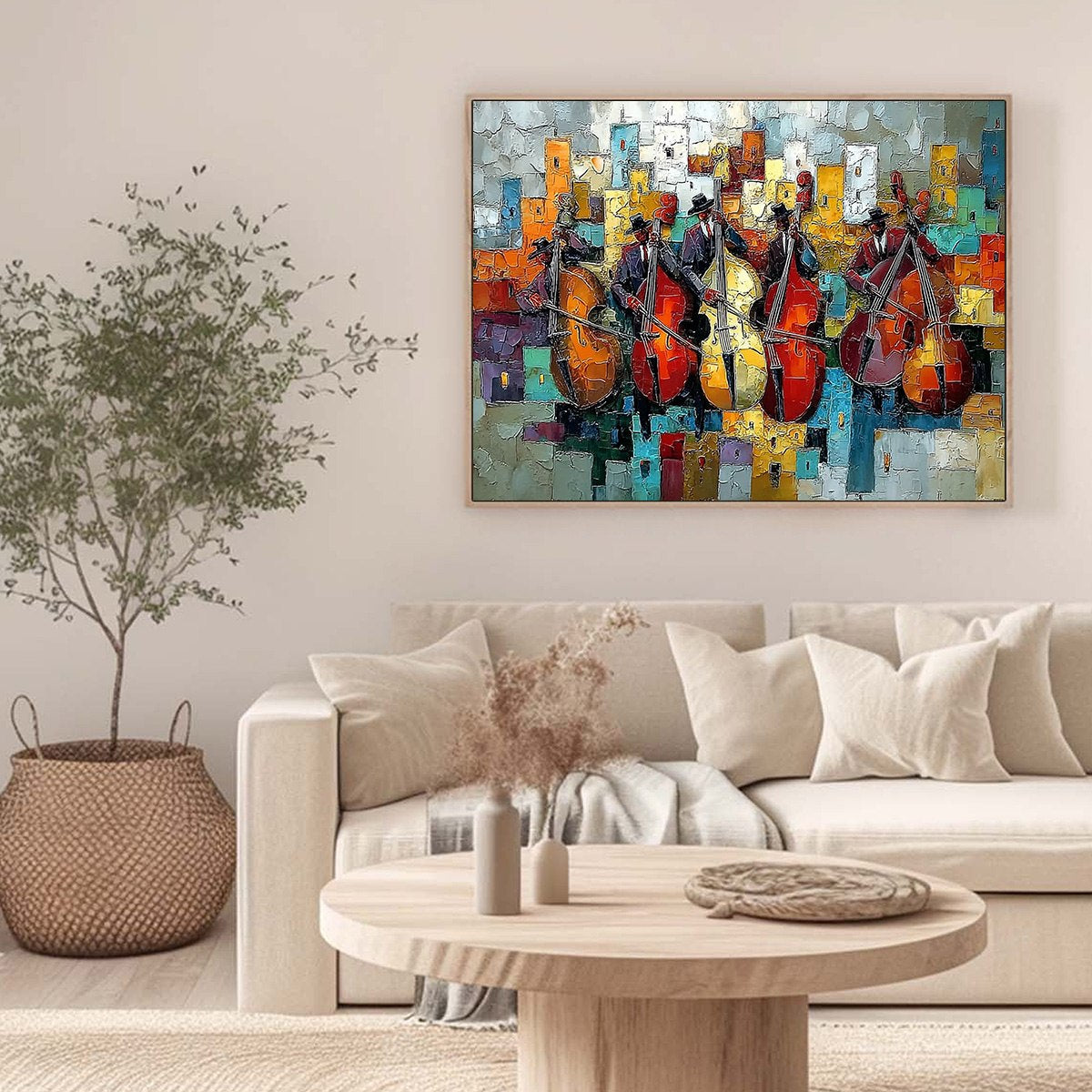 URBAN SERENADE: Vibrant Palette Knife Painting of Musicians in Cityscape - Image 4