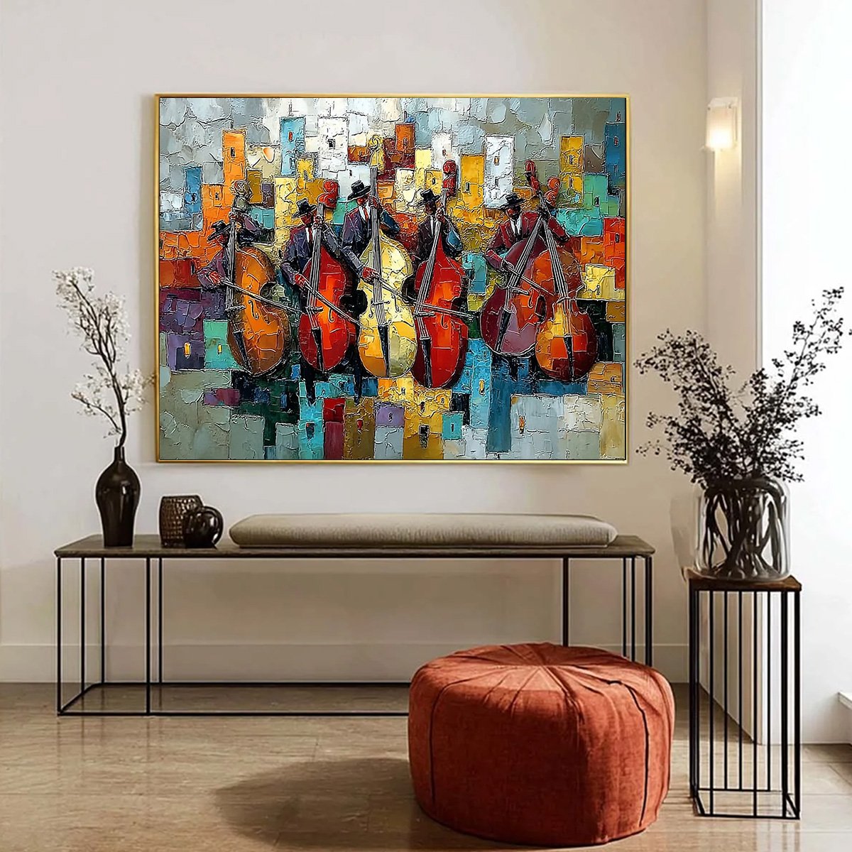URBAN SERENADE: Vibrant Palette Knife Painting of Musicians in Cityscape - Image 6