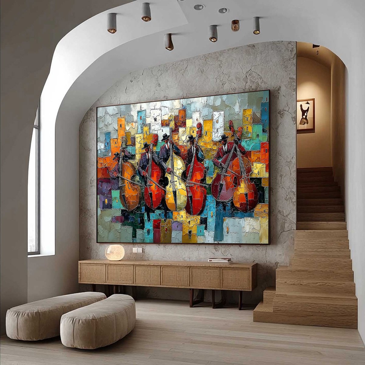 URBAN SERENADE: Vibrant Palette Knife Painting of Musicians in Cityscape - Image 7