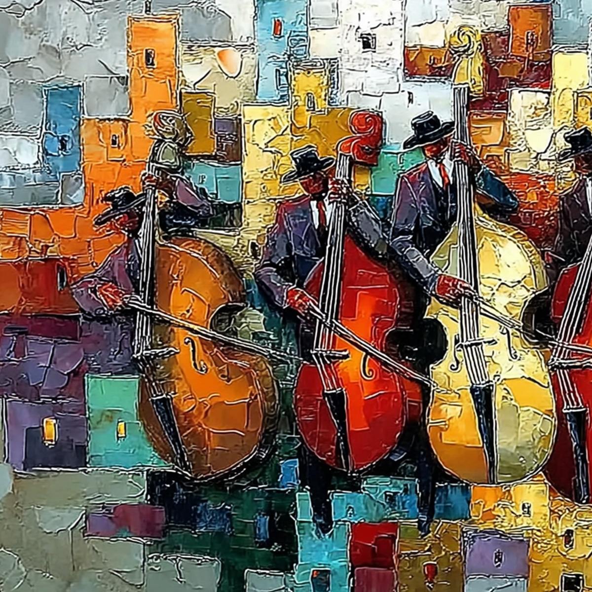 URBAN SERENADE: Vibrant Palette Knife Painting of Musicians in Cityscape - Image 3