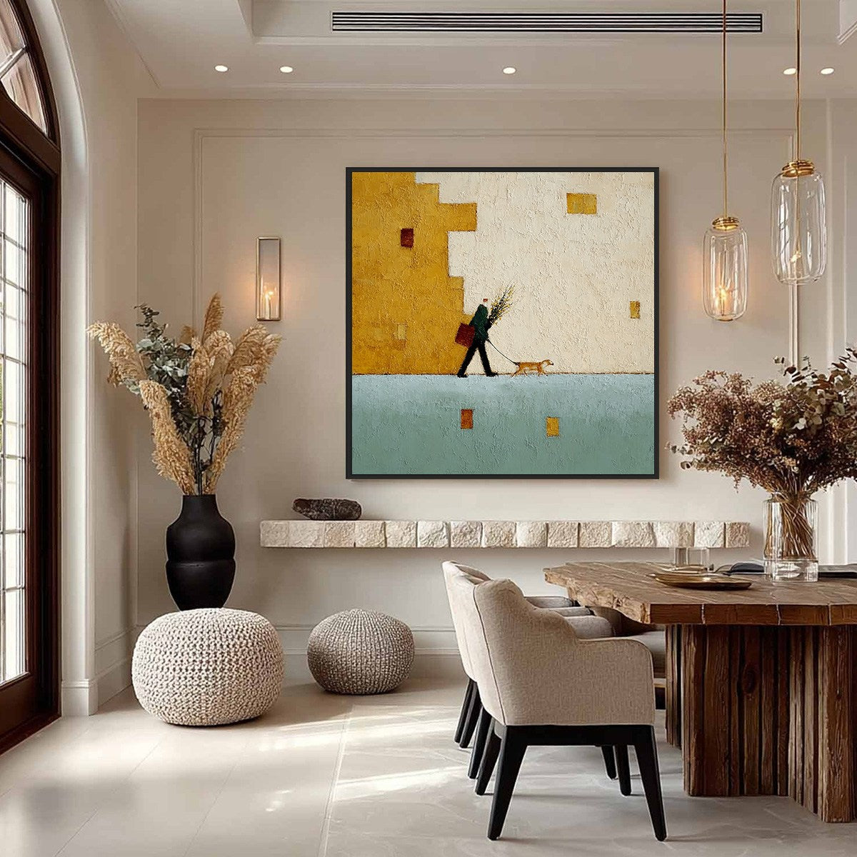 URBAN STROLL: Textured Minimalist Cityscape Painting of a Person Walking a Dog - Image 4