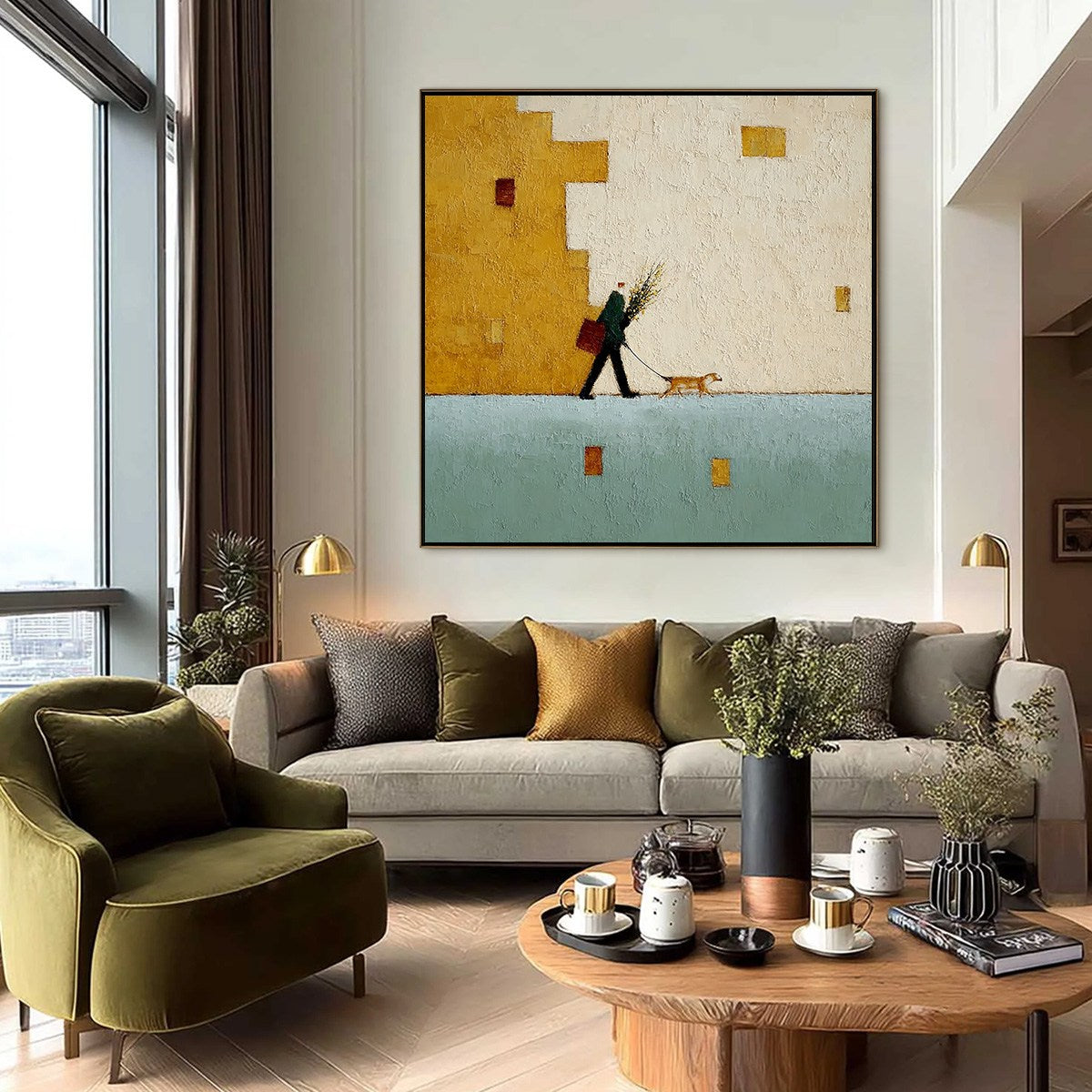 URBAN STROLL: Textured Minimalist Cityscape Painting of a Person Walking a Dog - Image 6
