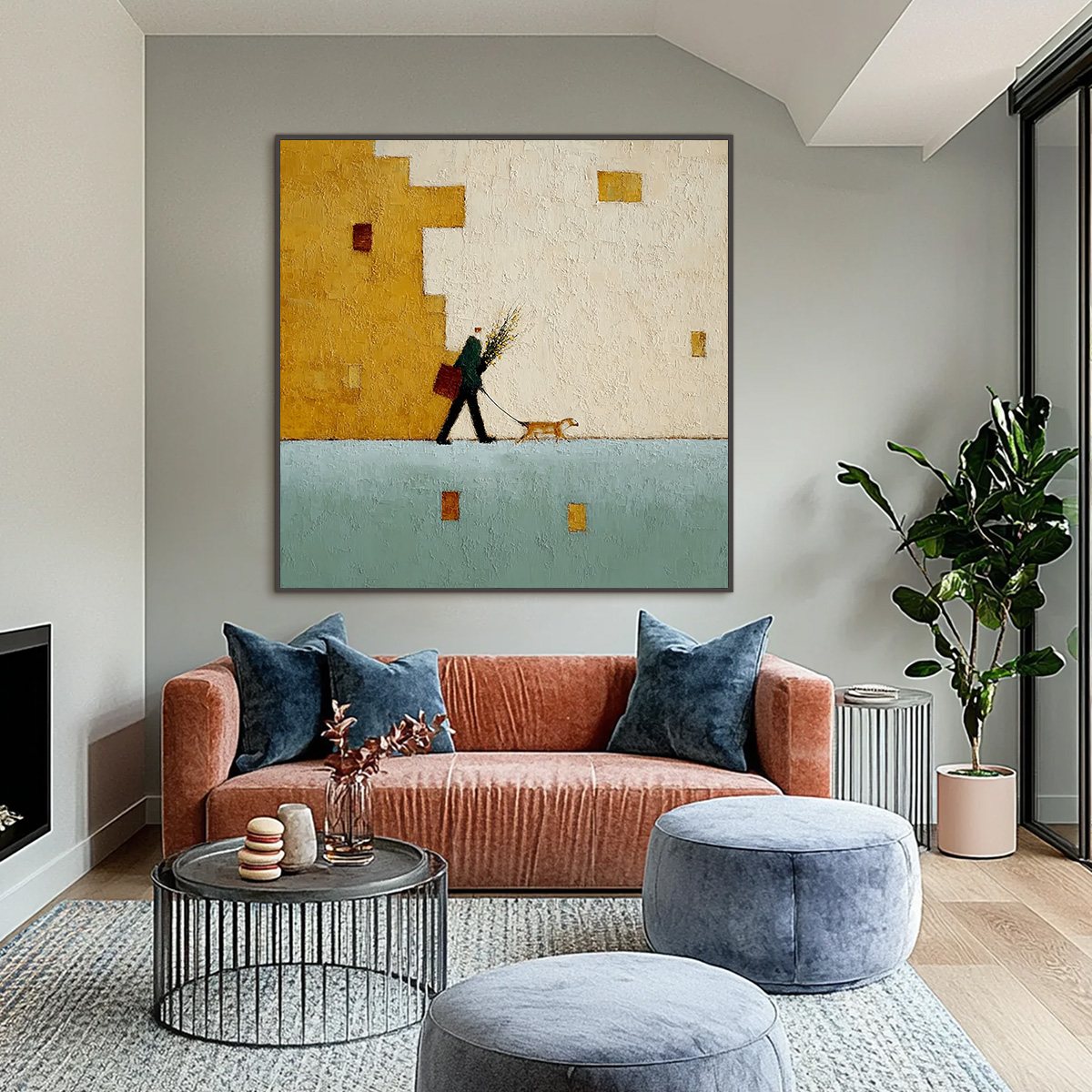 URBAN STROLL: Textured Minimalist Cityscape Painting of a Person Walking a Dog - Image 2