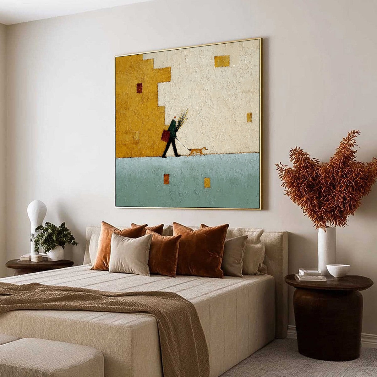 URBAN STROLL: Textured Minimalist Cityscape Painting of a Person Walking a Dog - Image 7