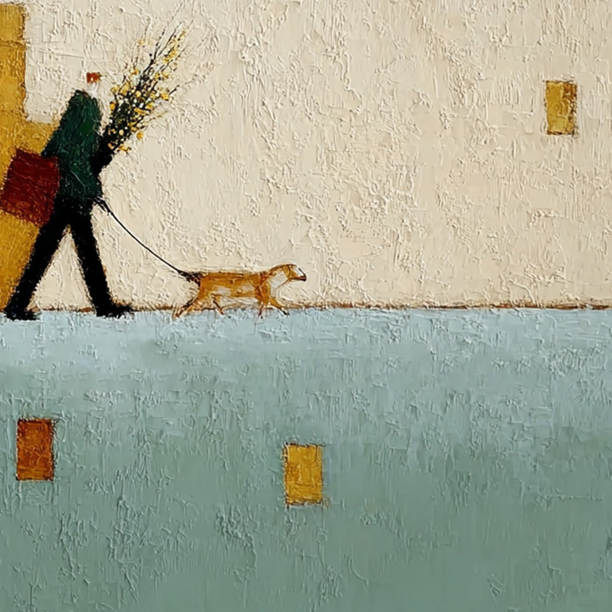 URBAN STROLL: Textured Minimalist Cityscape Painting of a Person Walking a Dog - Image 3