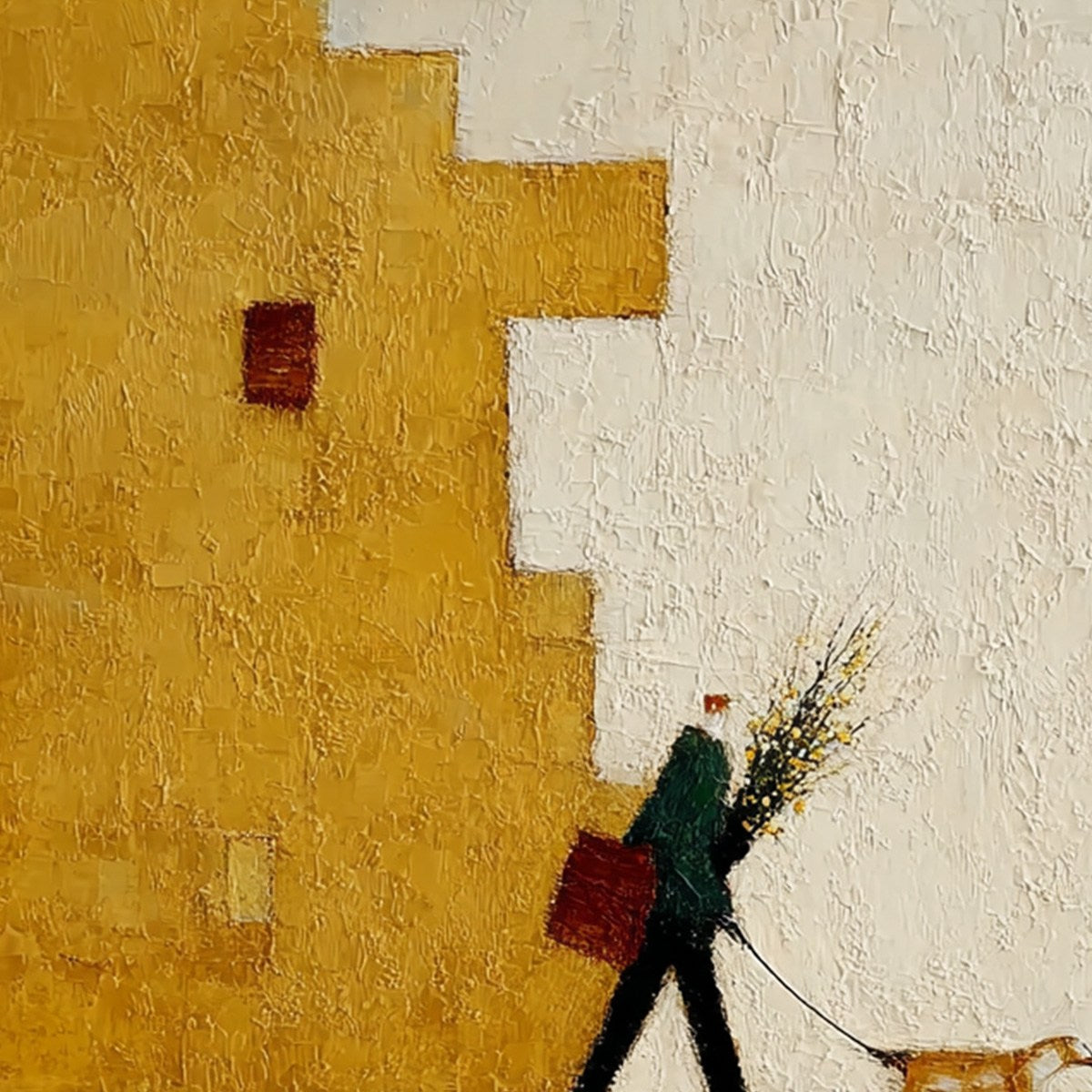URBAN STROLL: Textured Minimalist Cityscape Painting of a Person Walking a Dog - Image 5