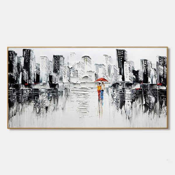 URBAN ROMANCE: Textured Cityscape Oil Painting in Black and White