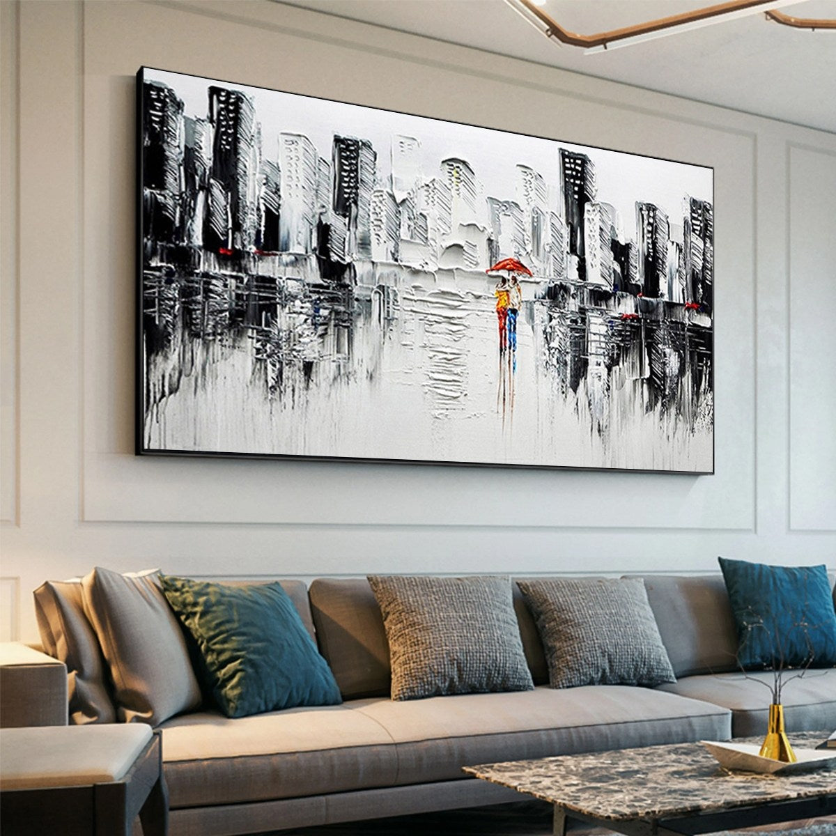 URBAN ROMANCE: Textured Cityscape Oil Painting in Black and White - Image 4