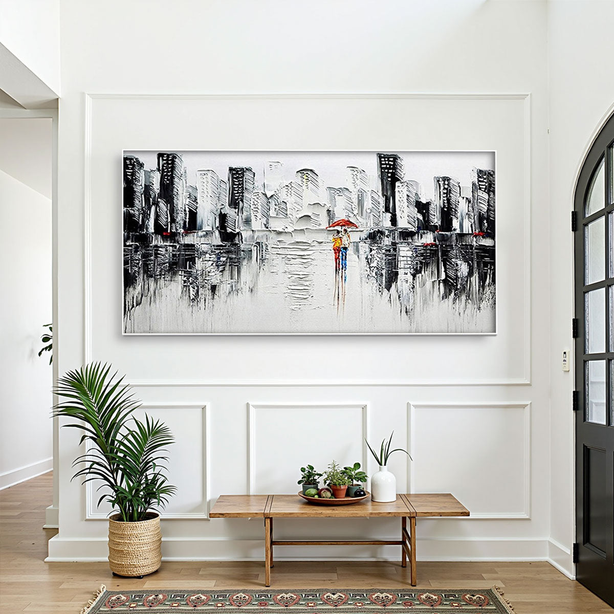 URBAN ROMANCE: Textured Cityscape Oil Painting in Black and White - Image 2