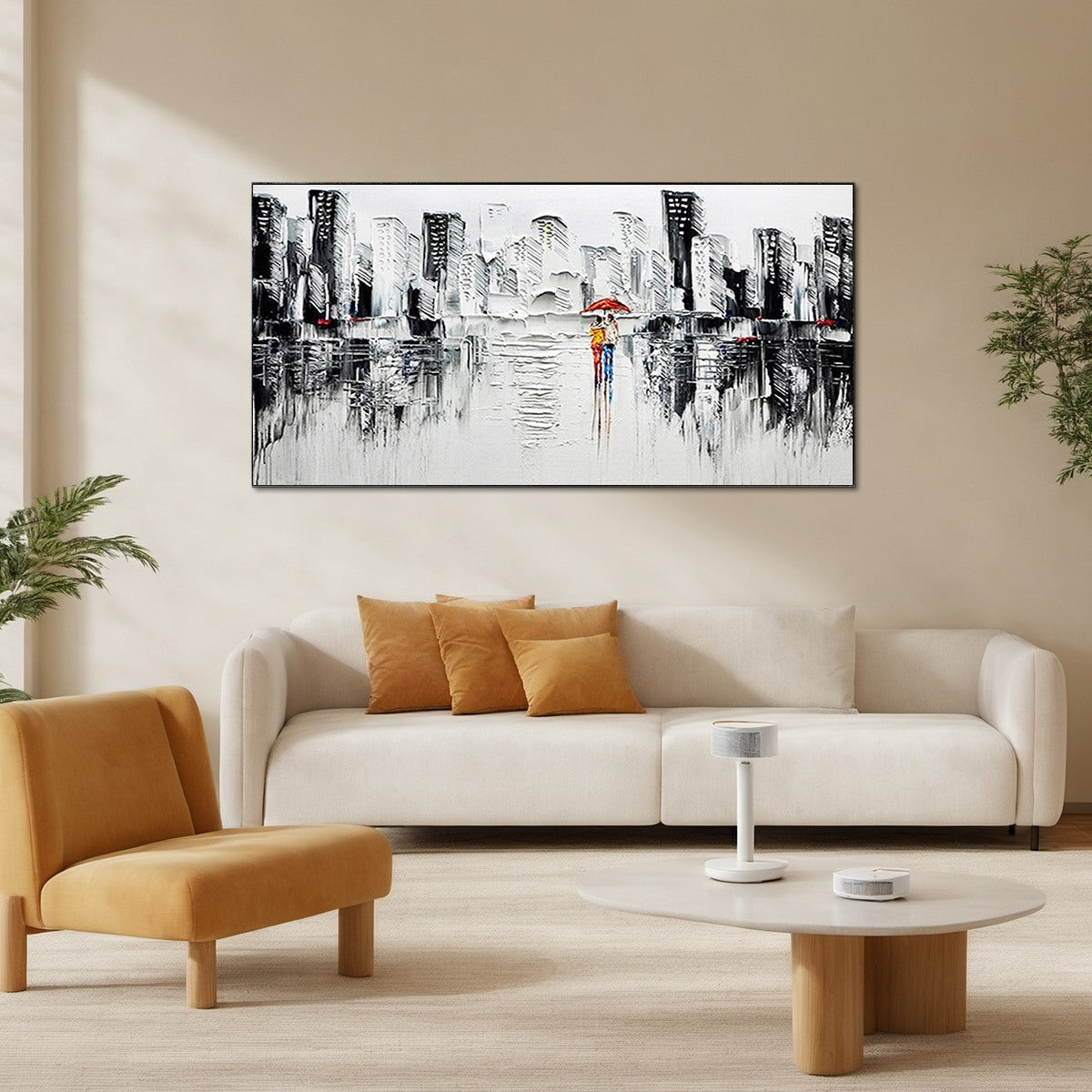 URBAN ROMANCE: Textured Cityscape Oil Painting in Black and White - Image 7