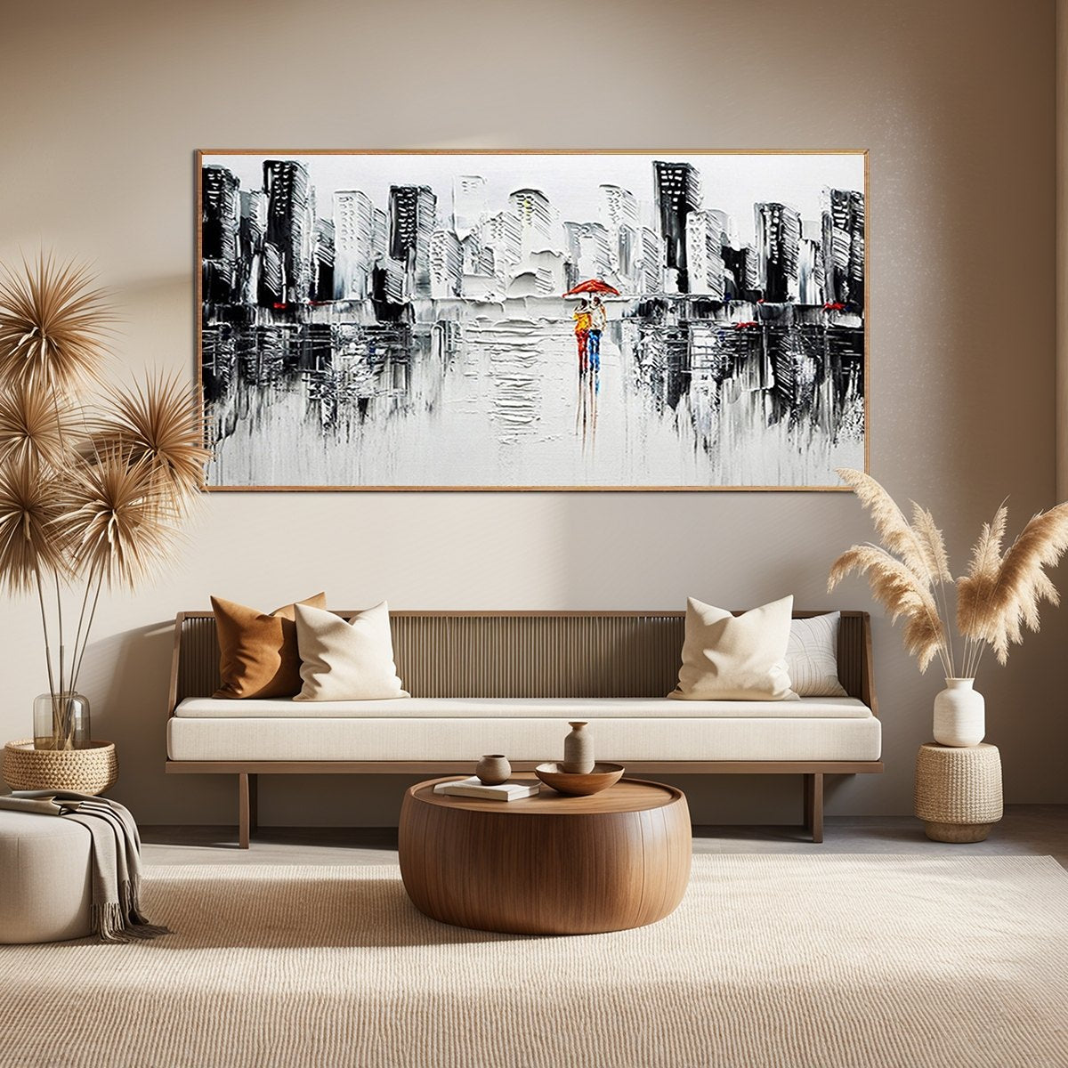 URBAN ROMANCE: Textured Cityscape Oil Painting in Black and White - Image 6