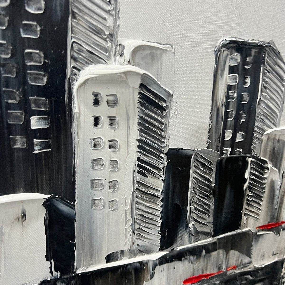 URBAN ROMANCE: Textured Cityscape Oil Painting in Black and White - Image 3
