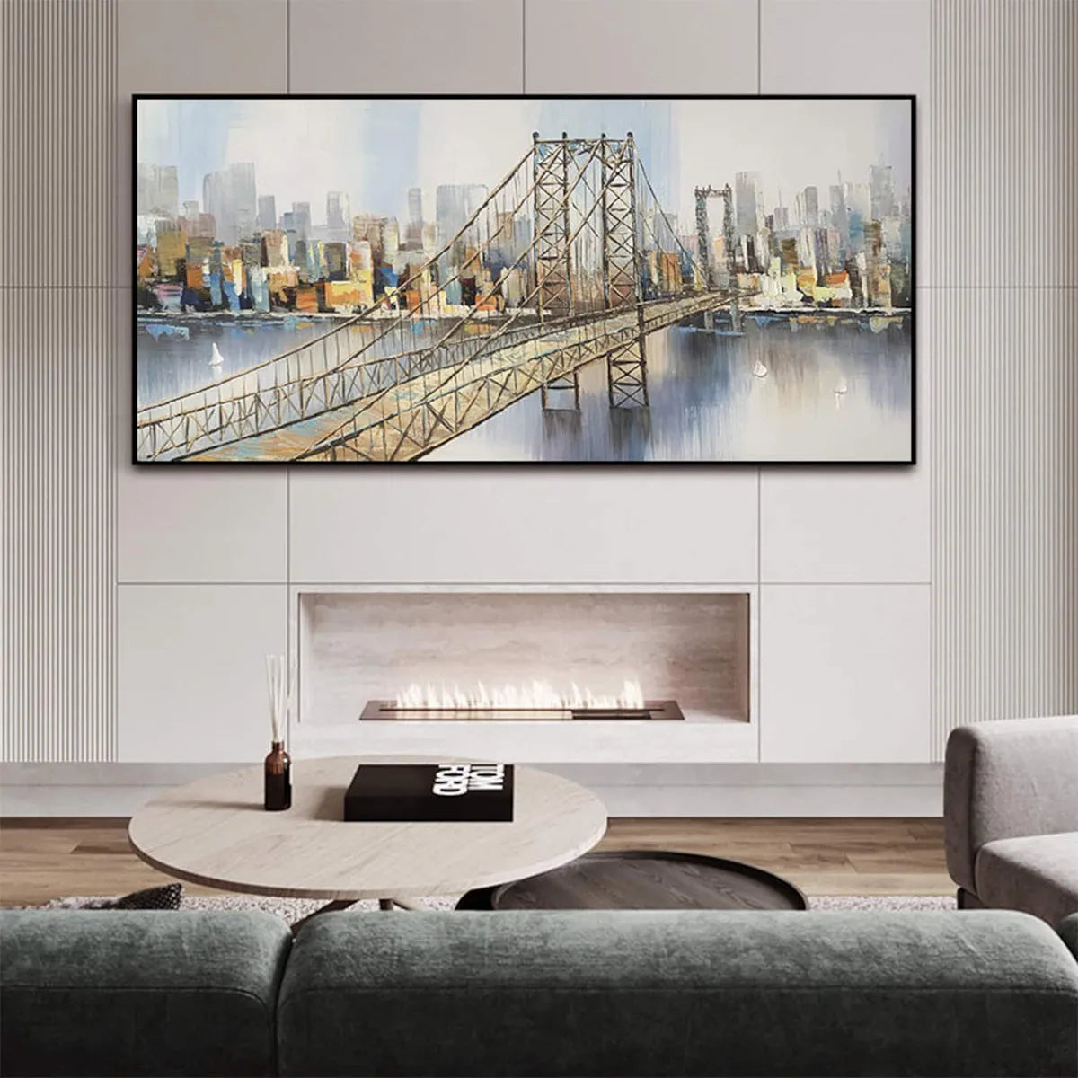 URBAN CONNECTIVITY: Panoramic Cityscape Oil Painting with Bridge - Image 6