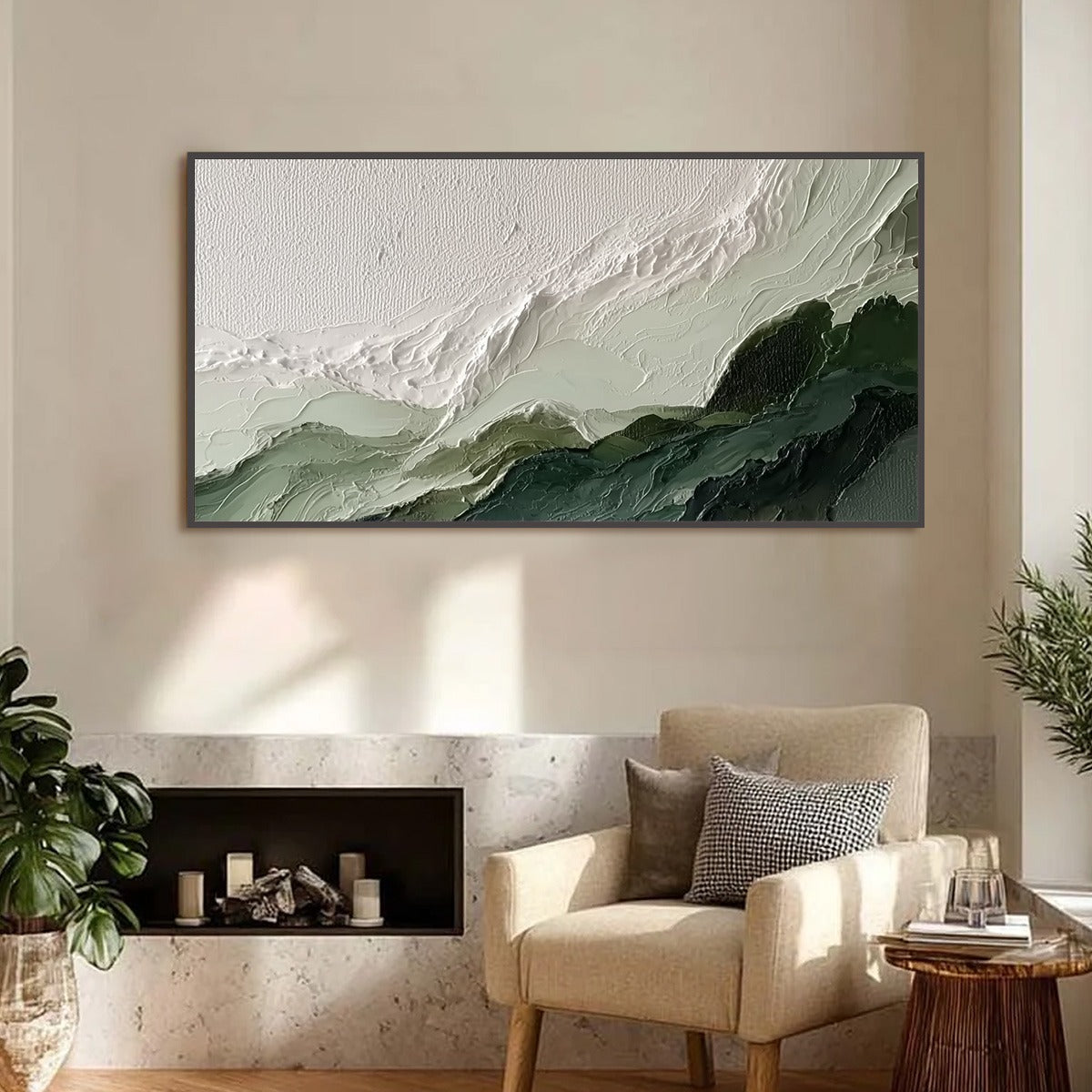 VERDANT ASCENT: Textured Wabi Sabi Mountain Landscape Painting - Image 2