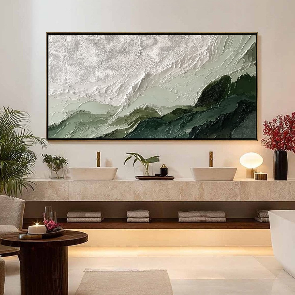 VERDANT ASCENT: Textured Wabi Sabi Mountain Landscape Painting - Image 4