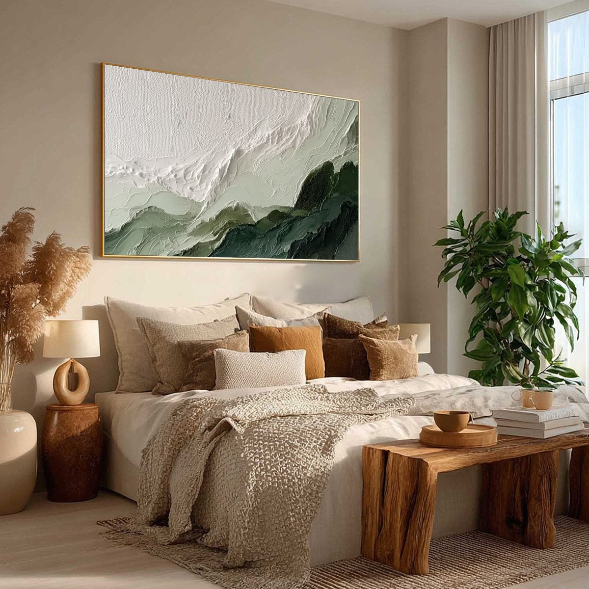 VERDANT ASCENT: Textured Wabi Sabi Mountain Landscape Painting - Image 8