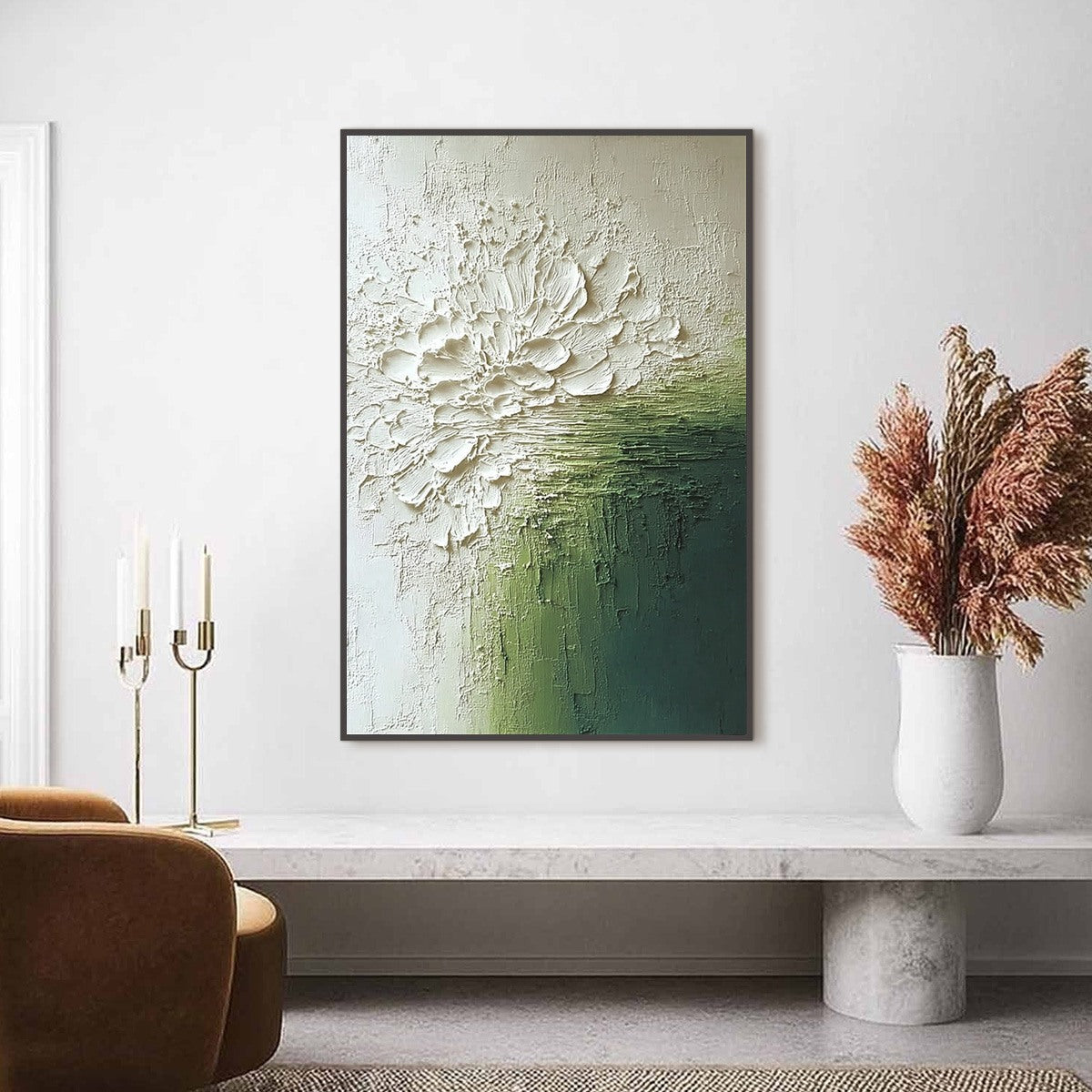 VERDANT BLOOM: Textured Green and White Wabi Sabi Abstract Painting - Image 2