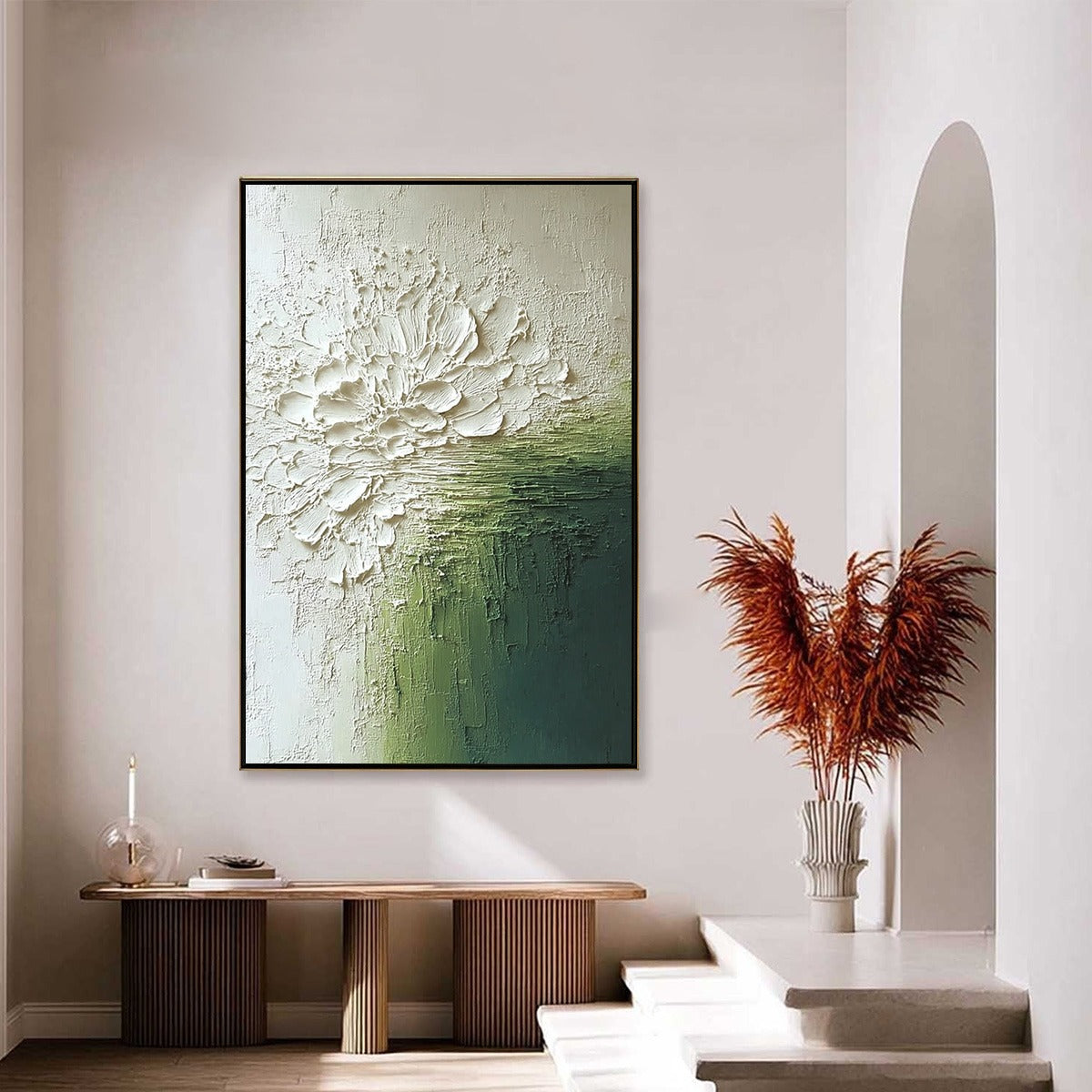 VERDANT BLOOM: Textured Green and White Wabi Sabi Abstract Painting - Image 4