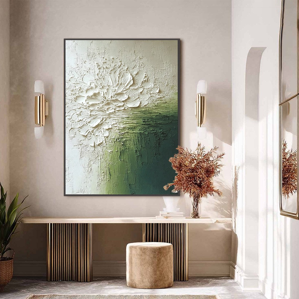 VERDANT BLOOM: Textured Green and White Wabi Sabi Abstract Painting - Image 6