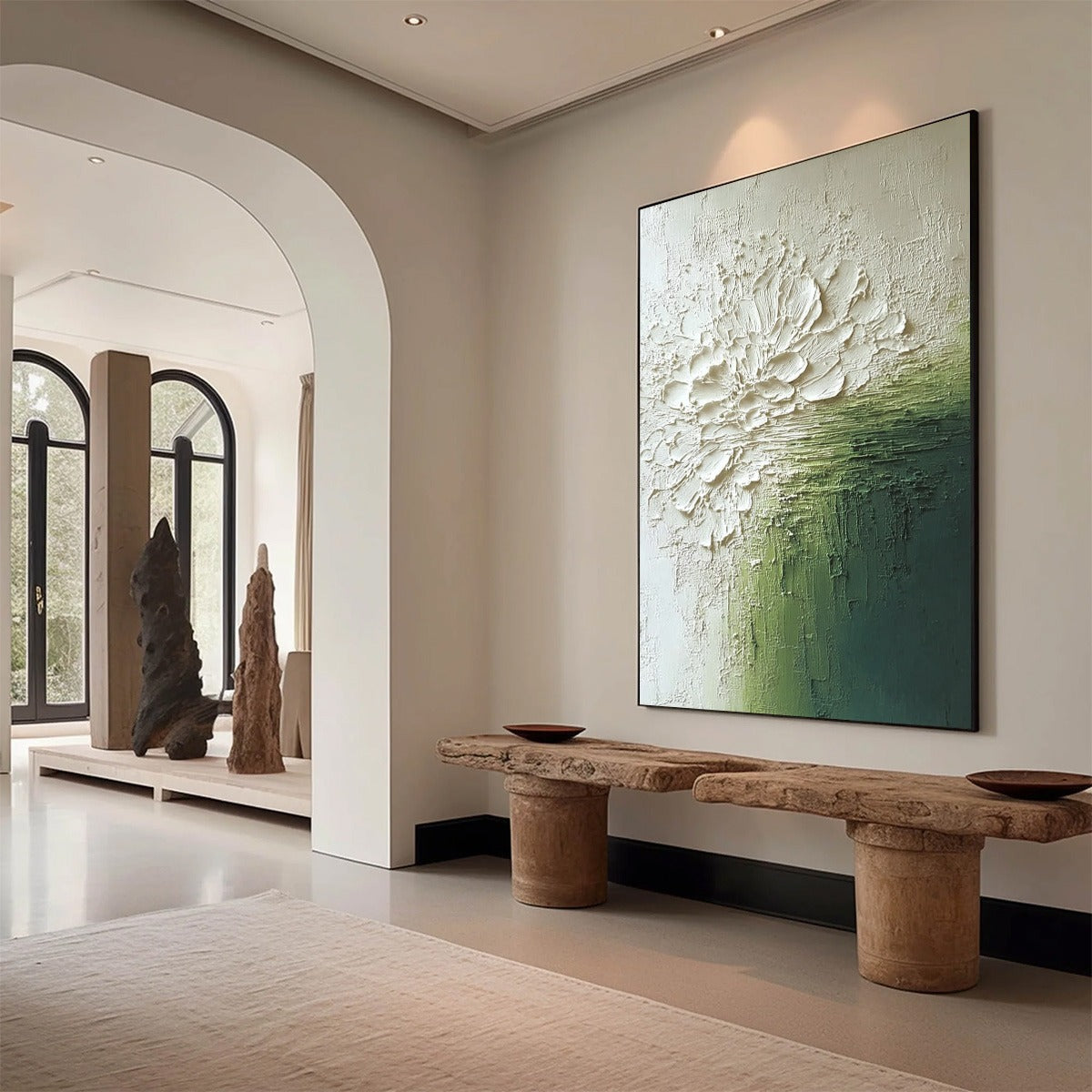 VERDANT BLOOM: Textured Green and White Wabi Sabi Abstract Painting - Image 7