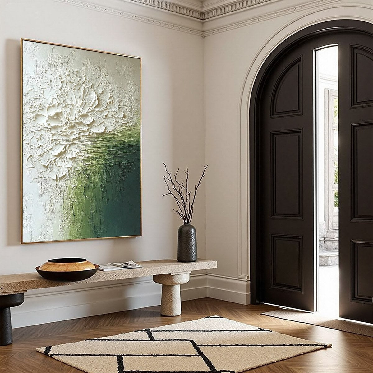 VERDANT BLOOM: Textured Green and White Wabi Sabi Abstract Painting - Image 8