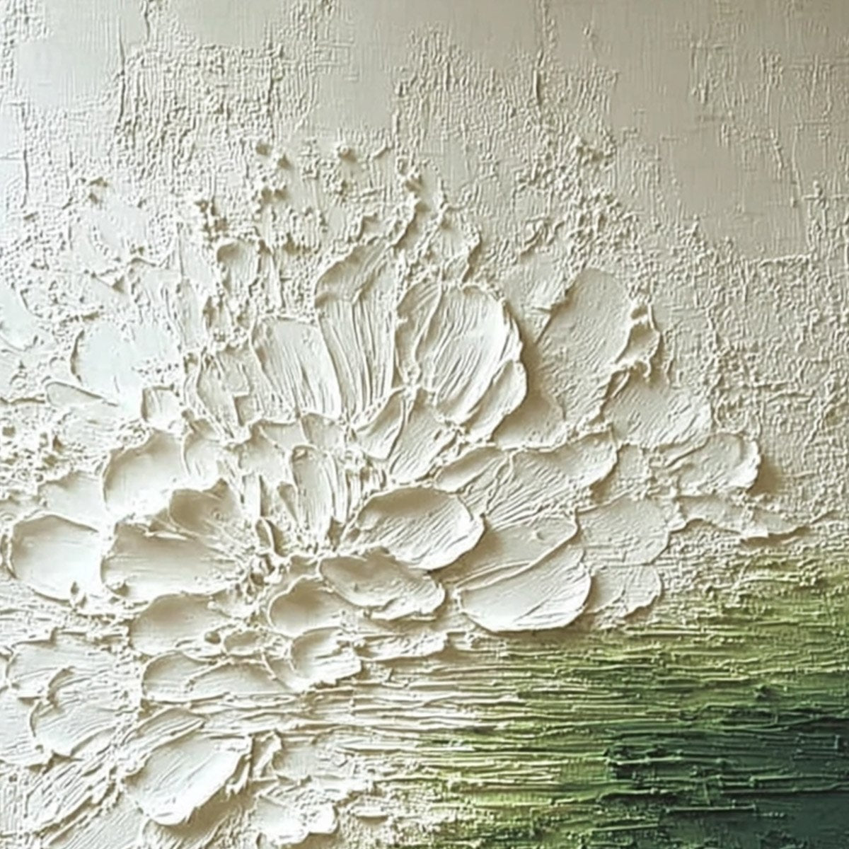 VERDANT BLOOM: Textured Green and White Wabi Sabi Abstract Painting - Image 3
