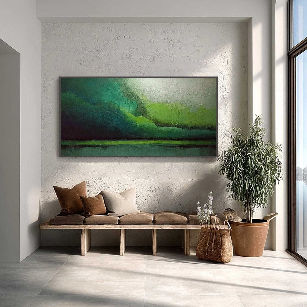VERDANT CALM: Large Green Abstract Landscape Textured Oil Painting - Image 2