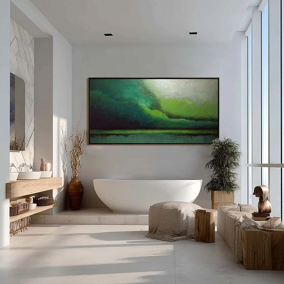 VERDANT CALM: Large Green Abstract Landscape Textured Oil Painting - Image 4