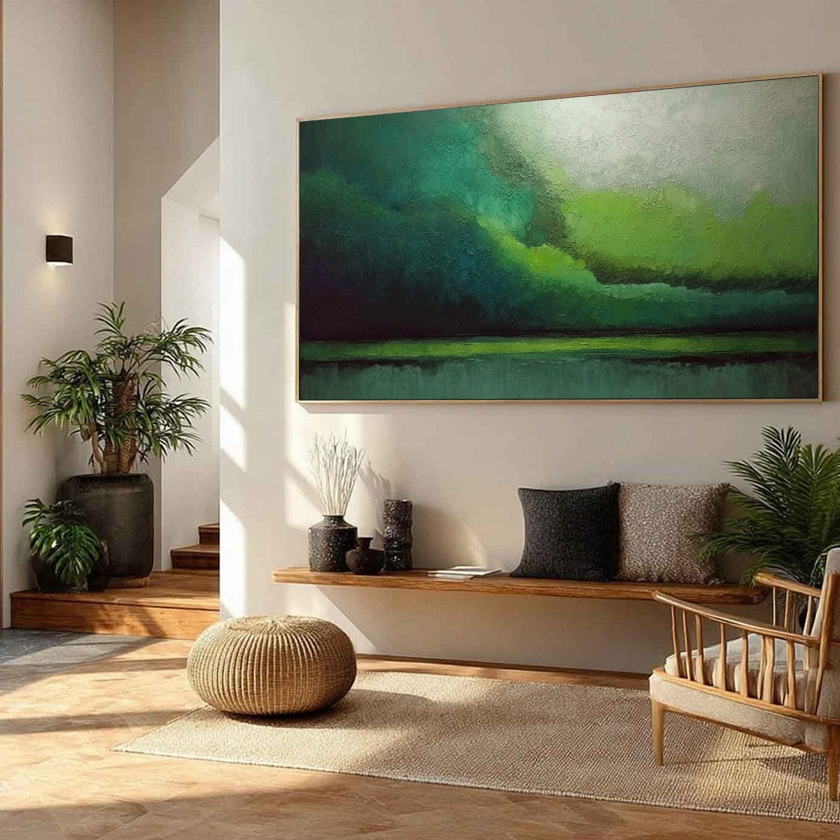 VERDANT CALM: Large Green Abstract Landscape Textured Oil Painting - Image 8
