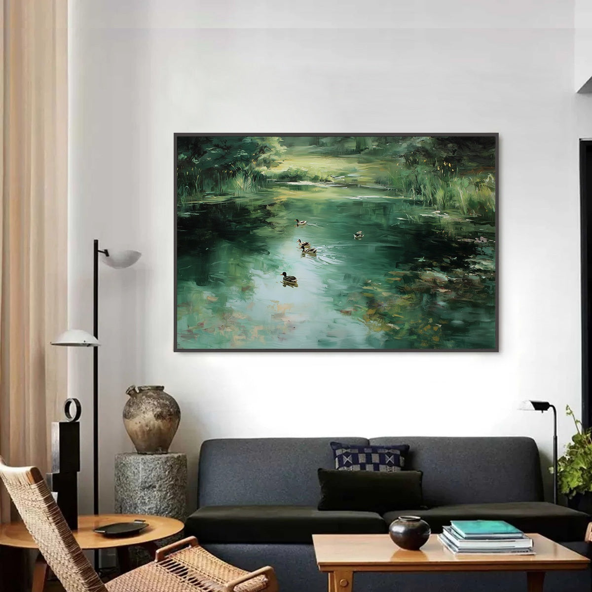 VERDANT DRIFT: Impressionistic Green Pond with Ducks Oil Painting - Image 2