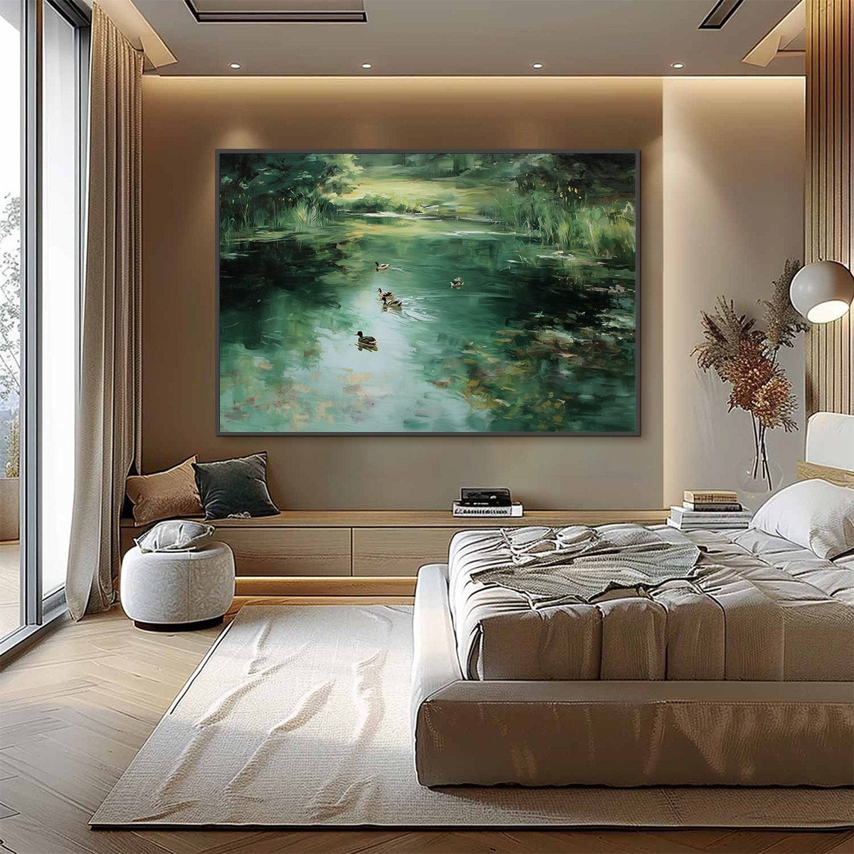 VERDANT DRIFT: Impressionistic Green Pond with Ducks Oil Painting - Image 6
