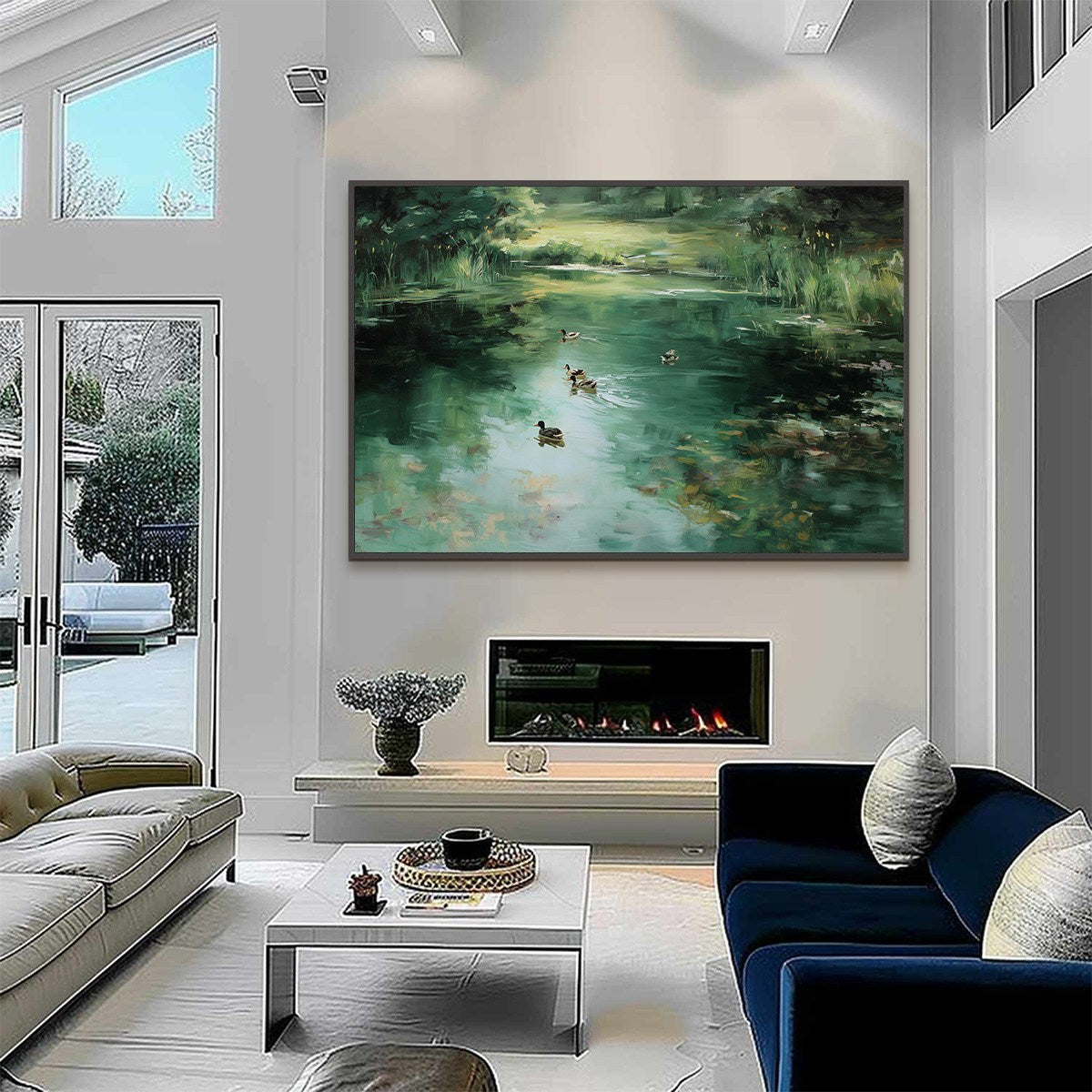 VERDANT DRIFT: Impressionistic Green Pond with Ducks Oil Painting - Image 4