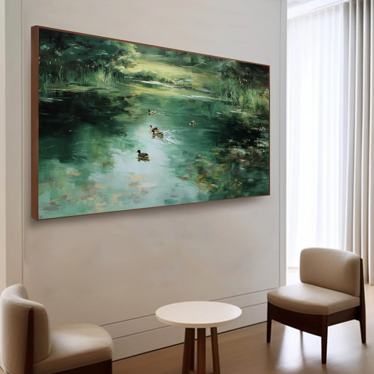 VERDANT DRIFT: Impressionistic Green Pond with Ducks Oil Painting - Image 7