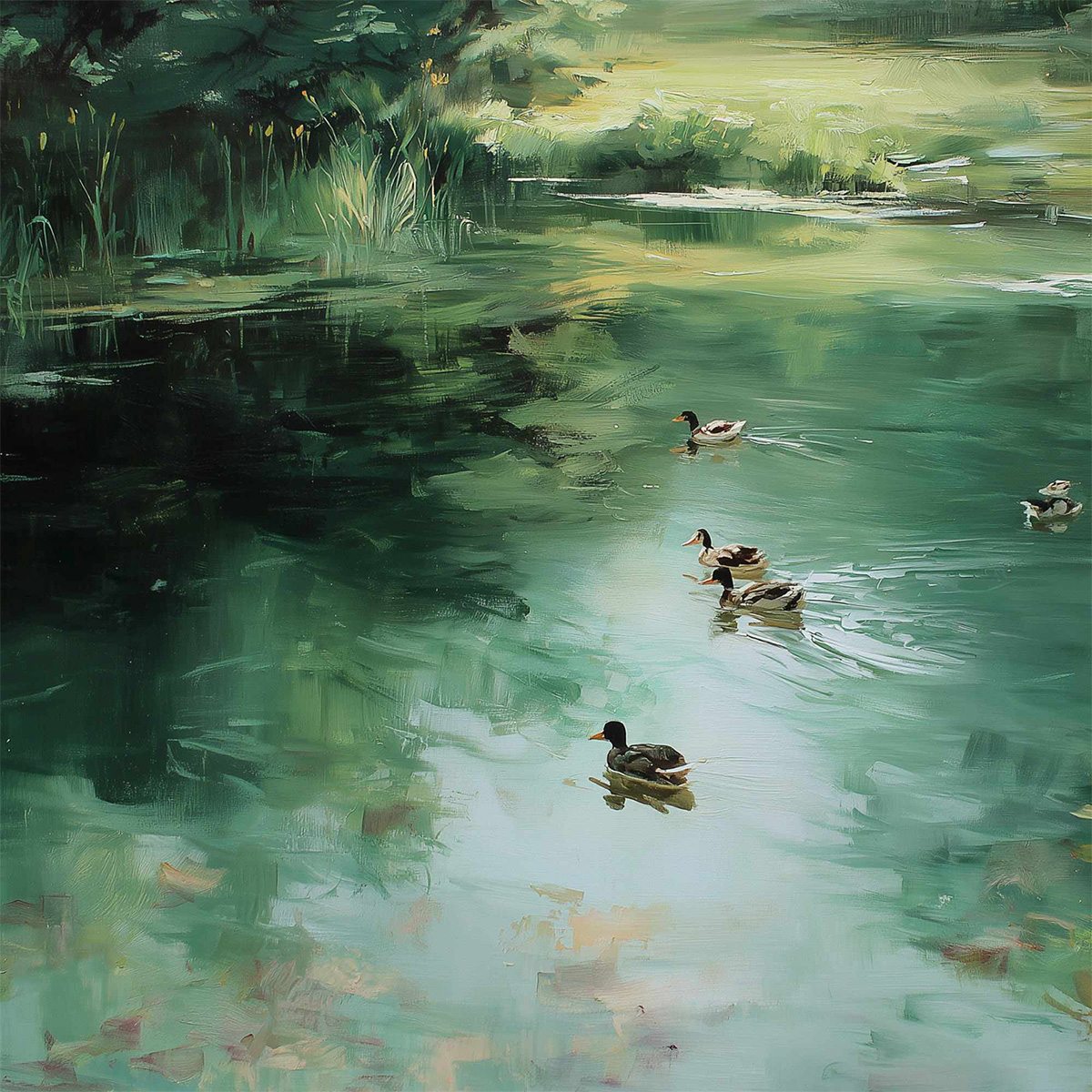 VERDANT DRIFT: Impressionistic Green Pond with Ducks Oil Painting - Image 3