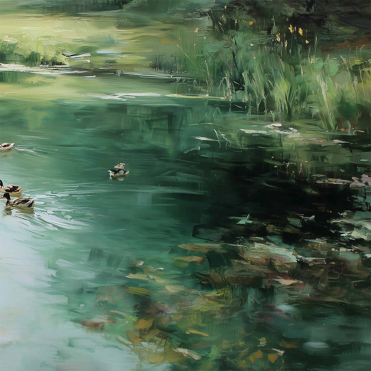 VERDANT DRIFT: Impressionistic Green Pond with Ducks Oil Painting - Image 5