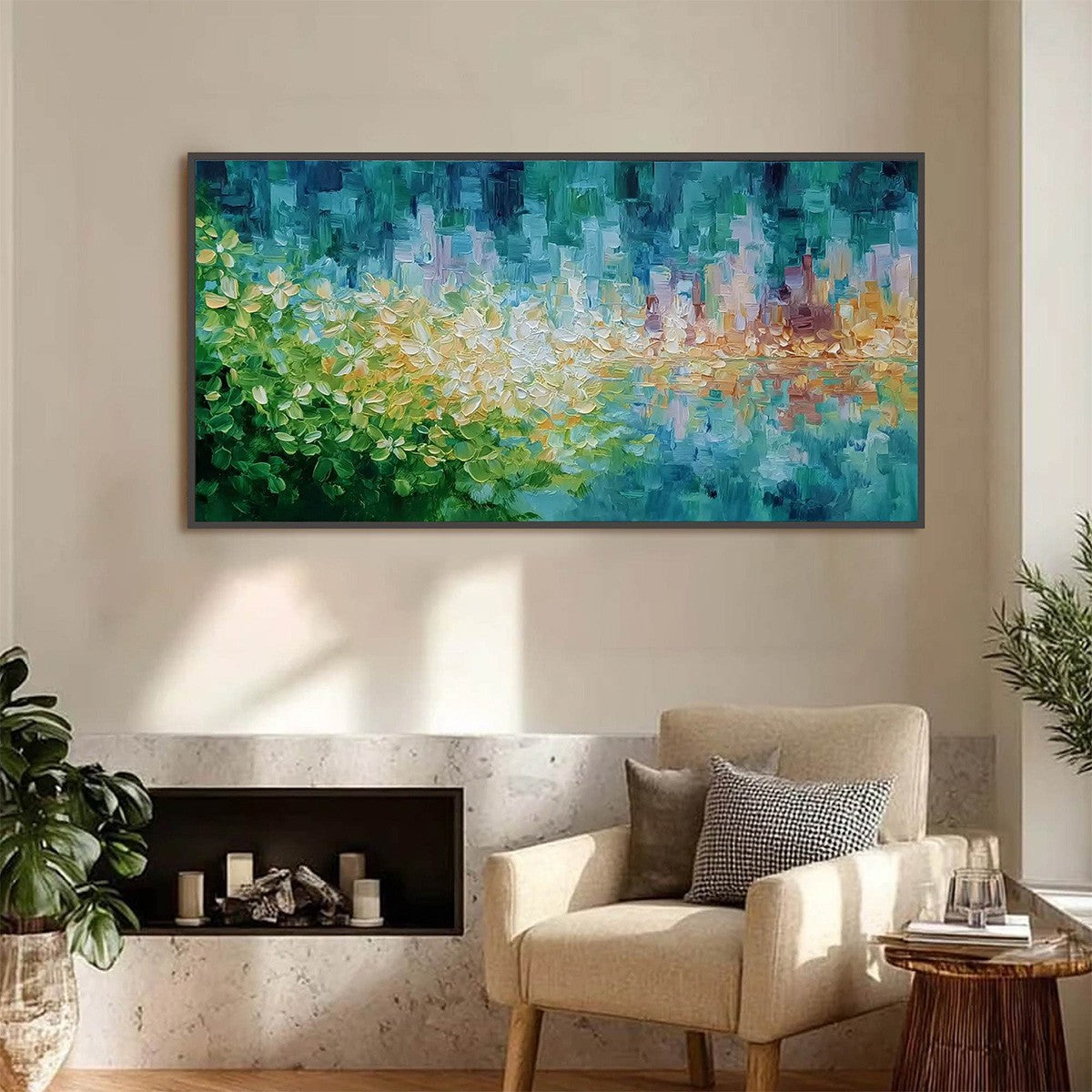 VERDANT ECHO: Textured Impasto Painting of a Lakeside Reflection - Image 4