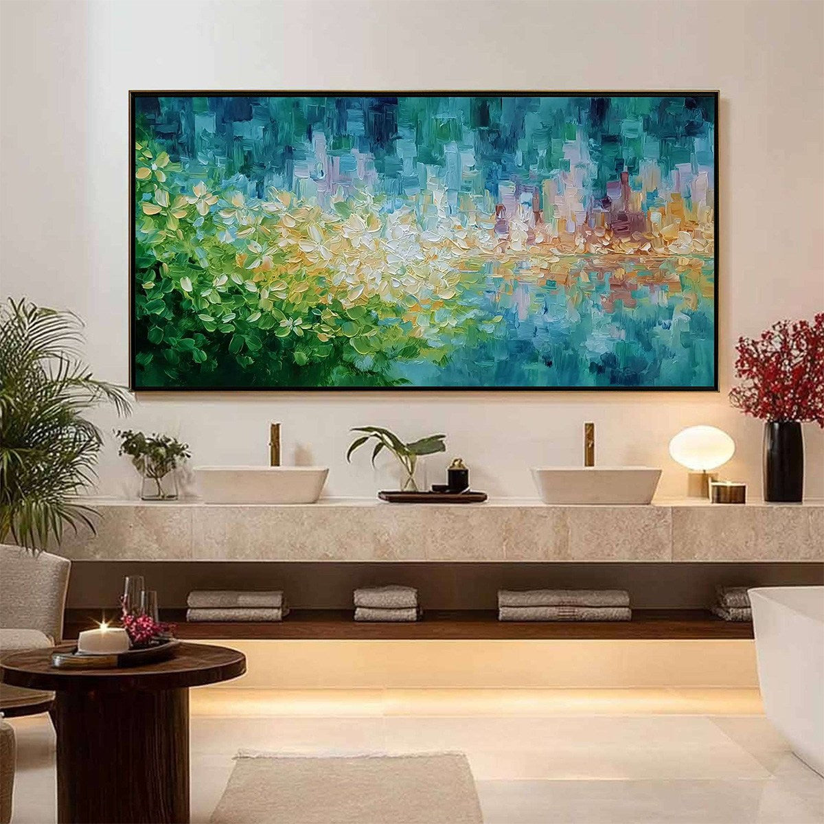 VERDANT ECHO: Textured Impasto Painting of a Lakeside Reflection - Image 2