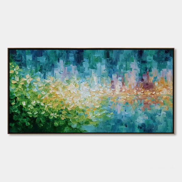 VERDANT ECHO: Textured Impasto Painting of a Lakeside Reflection